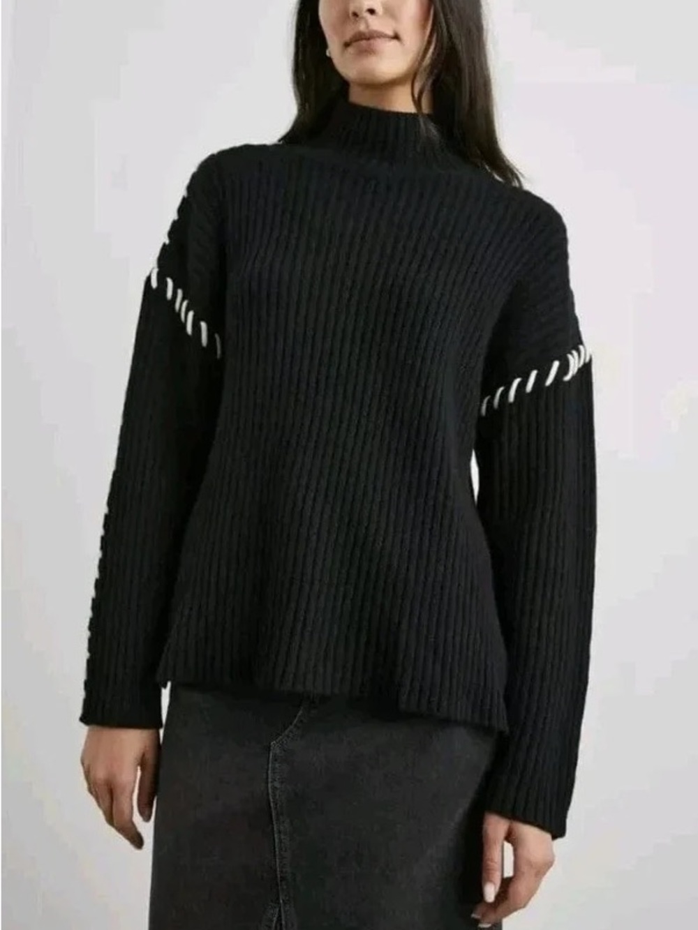 Rails Liam Mock Neck Sweater Black with Contrast Whipstitch Detail Size Medium
